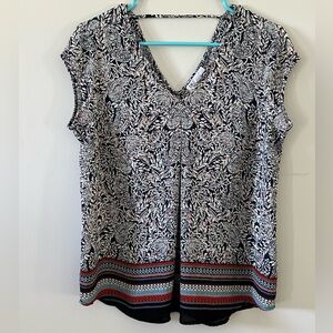 DR2 Floral/Paisley & Geometric Print Flowy Cap Sleeve V-Neck Women's Top Sz S.